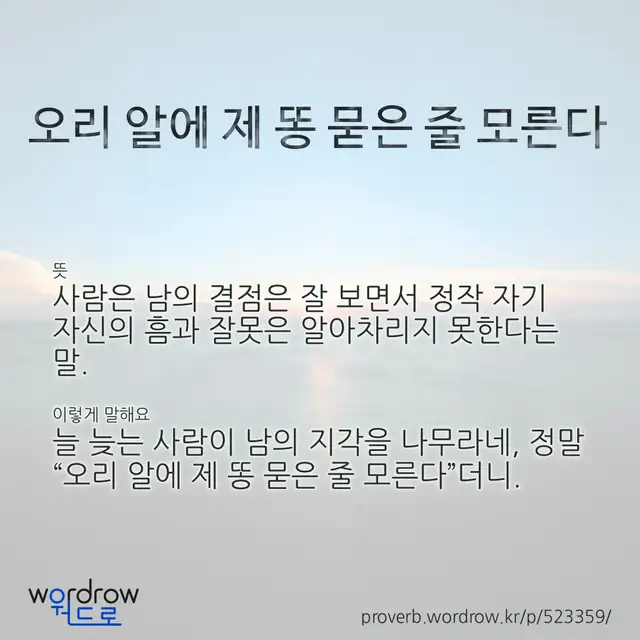 “오리 알에 제 똥 묻은 줄 모른다” 글씨와 뜻·예문이 완성된 속담 영상 포스터