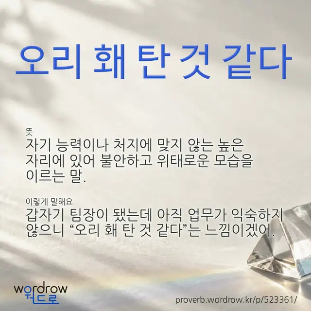 “오리 홰 탄 것 같다” 글씨와 뜻·예문이 완성된 속담 영상 포스터