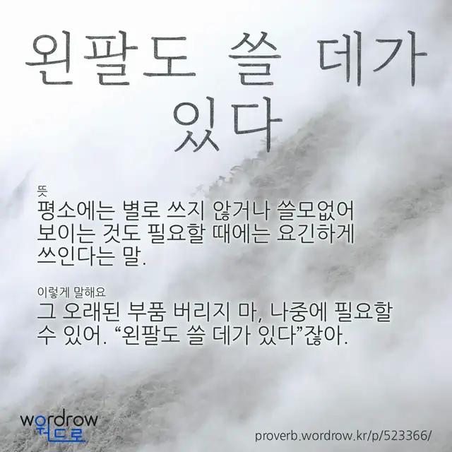 “왼팔도 쓸 데가 있다” 글씨와 뜻·예문이 완성된 속담 영상 포스터