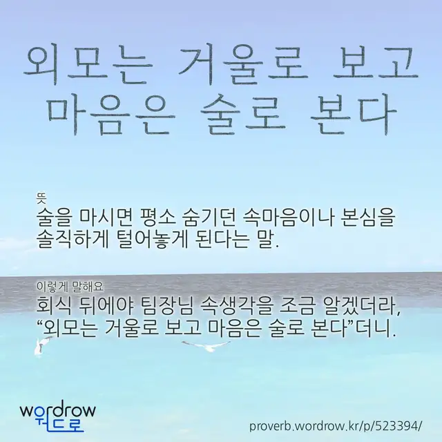 “외모는 거울로 보고 마음은 술로 본다” 글씨와 뜻·예문이 완성된 속담 영상 포스터