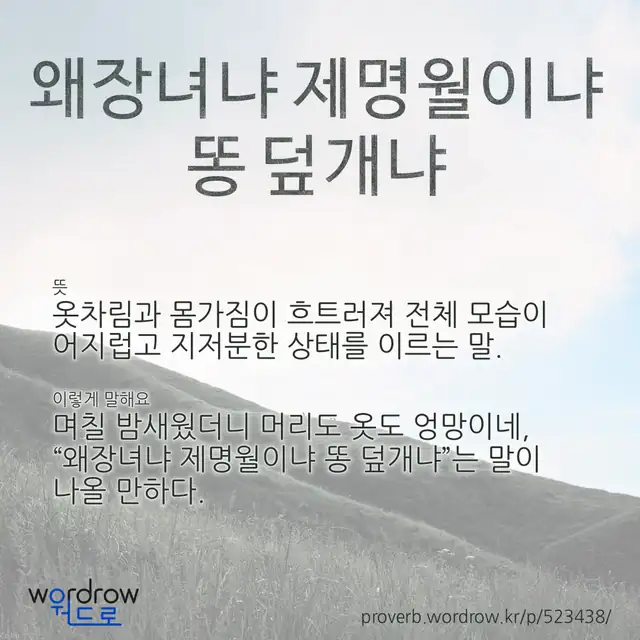 “왜장녀냐 제명월이냐 똥 덮개냐” 글씨와 뜻·예문이 완성된 속담 영상 포스터