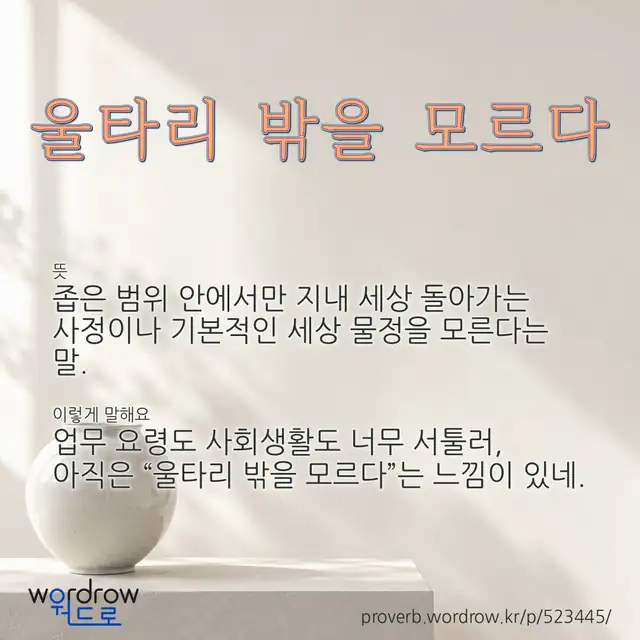 “울타리 밖을 모르다” 글씨와 뜻·예문이 완성된 속담 영상 포스터