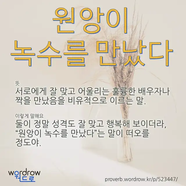“원앙이 녹수를 만났다” 글씨와 뜻·예문이 완성된 속담 영상 포스터