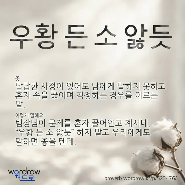 “우황 든 소 앓듯” 글씨와 뜻·예문이 완성된 속담 영상 포스터