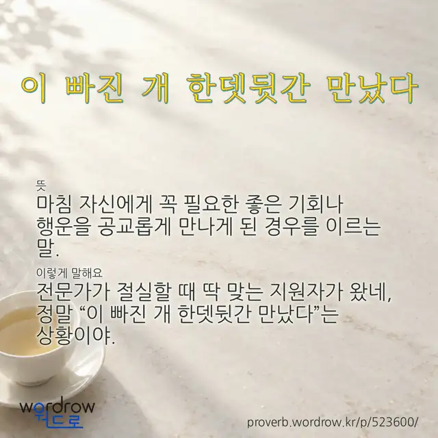 “이 빠진 개 한뎃뒷간 만났다” 글씨와 뜻·예문이 완성된 속담 영상 포스터