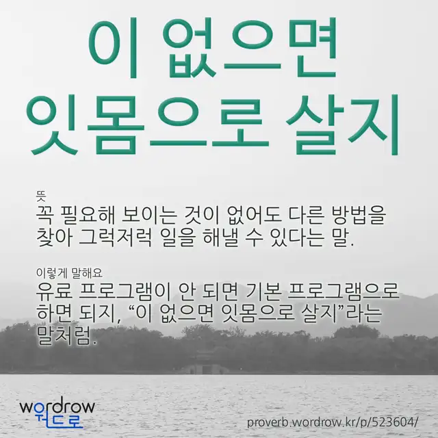 “이 없으면 잇몸으로 살지” 글씨와 뜻·예문이 완성된 속담 영상 포스터