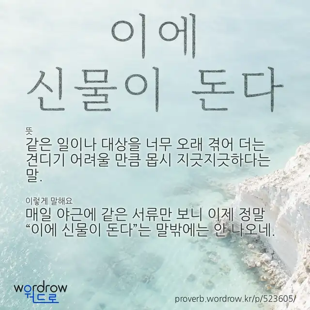 “이에 신물이 돈다” 글씨와 뜻·예문이 완성된 속담 영상 포스터