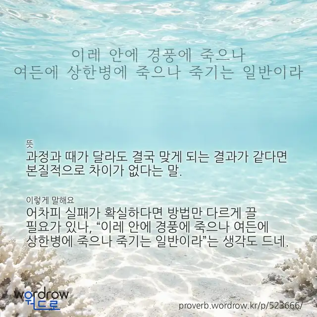 “이레 안에 경풍에 죽으나 여든에 상한병에 죽으나 죽기는 일반이라” 글씨와 뜻·예문이 완성된 속담 영상 포스터