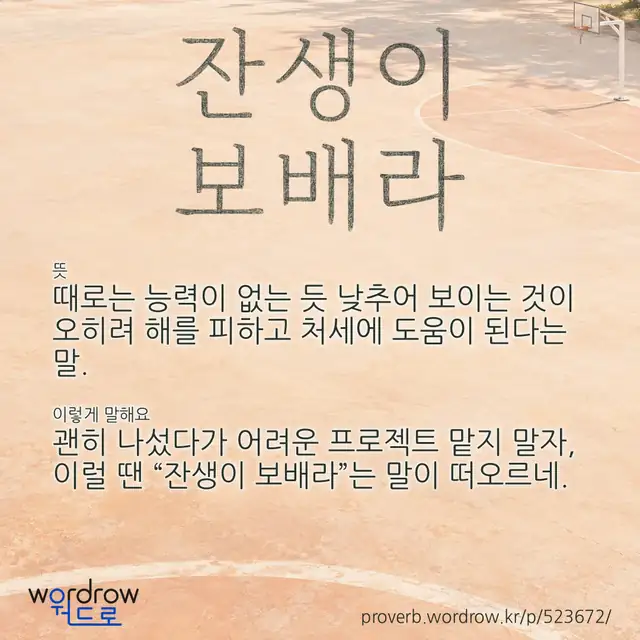 “잔생이 보배라” 글씨와 뜻·예문이 완성된 속담 영상 포스터