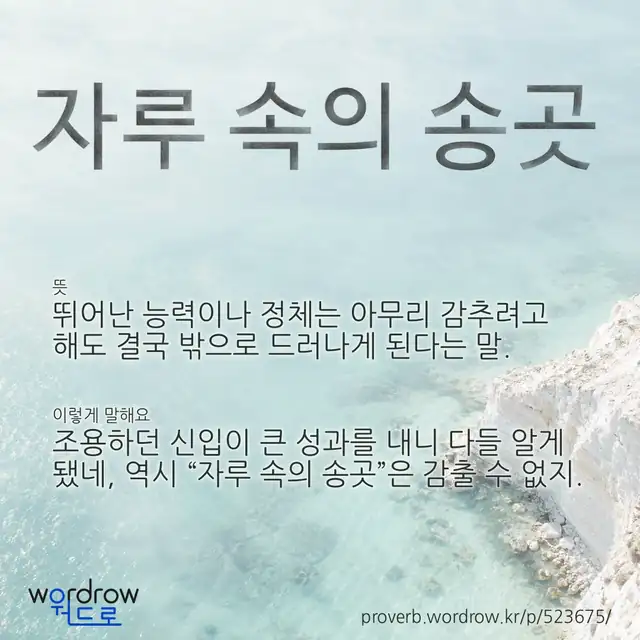 “자루 속의 송곳” 글씨와 뜻·예문이 완성된 속담 영상 포스터