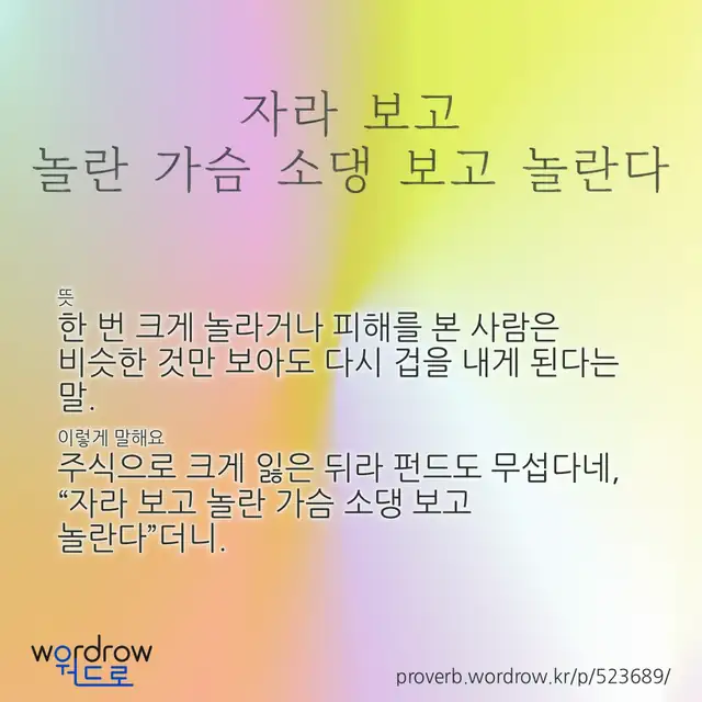 “자라 보고 놀란 가슴 소댕 보고 놀란다” 글씨와 뜻·예문이 완성된 속담 영상 포스터