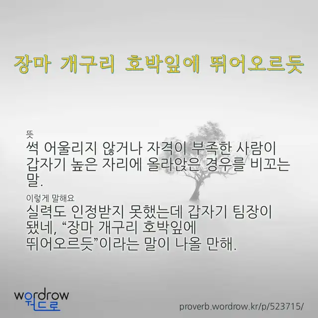 “장마 개구리 호박잎에 뛰어오르듯” 글씨와 뜻·예문이 완성된 속담 영상 포스터
