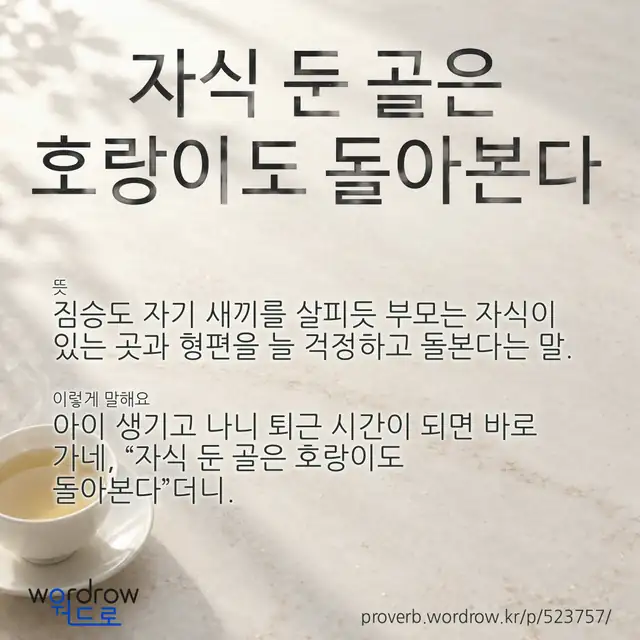“자식 둔 골은 호랑이도 돌아본다” 글씨와 뜻·예문이 완성된 속담 영상 포스터
