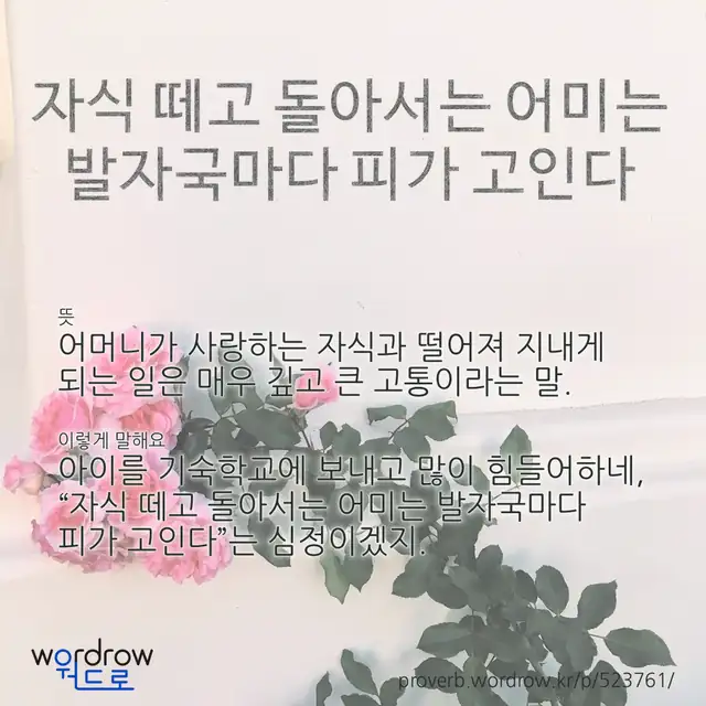 “자식 떼고 돌아서는 어미는 발자국마다 피가 고인다” 글씨와 뜻·예문이 완성된 속담 영상 포스터
