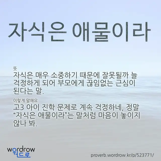 “자식은 애물이라” 글씨와 뜻·예문이 완성된 속담 영상 포스터