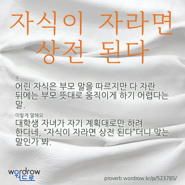 “자식이 자라면 상전 된다” 글씨와 뜻·예문이 완성된 속담 영상 포스터