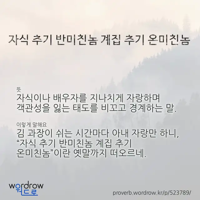 “자식 추기 반미친놈 계집 추기 온미친놈” 글씨와 뜻·예문이 완성된 속담 영상 포스터