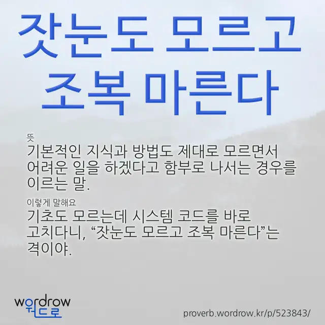 “잣눈도 모르고 조복 마른다” 글씨와 뜻·예문이 완성된 속담 영상 포스터