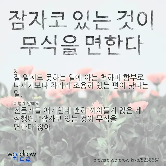 “잠자코 있는 것이 무식을 면한다” 글씨와 뜻·예문이 완성된 속담 영상 포스터