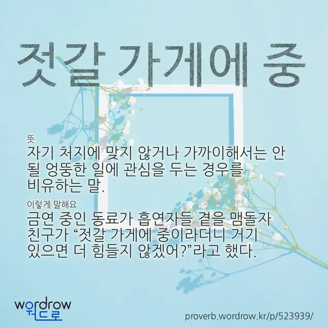 “젓갈 가게에 중” 글씨와 뜻·예문이 완성된 속담 영상 포스터