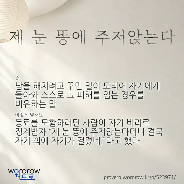 “제 눈 똥에 주저앉는다” 글씨와 뜻·예문이 완성된 속담 영상 포스터