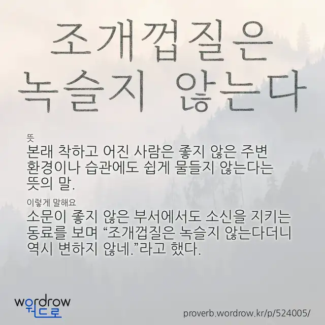 “조개껍질은 녹슬지 않는다” 글씨와 뜻·예문이 완성된 속담 영상 포스터