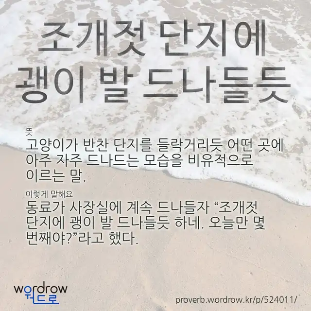 “조개젓 단지에 괭이 발 드나들듯” 글씨와 뜻·예문이 완성된 속담 영상 포스터