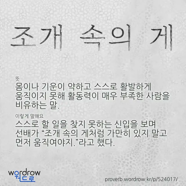 “조개 속의 게” 글씨와 뜻·예문이 완성된 속담 영상 포스터