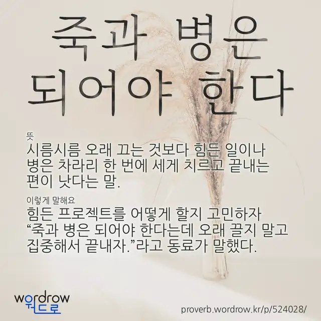 “죽과 병은 되어야 한다” 글씨와 뜻·예문이 완성된 속담 영상 포스터