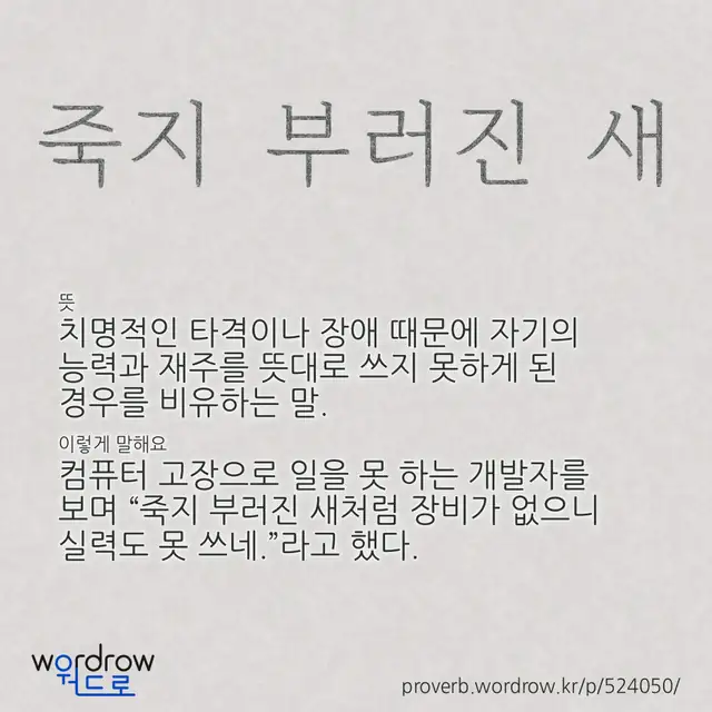 “죽지 부러진 새” 글씨와 뜻·예문이 완성된 속담 영상 포스터