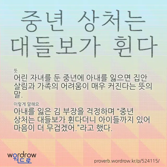 “중년 상처는 대들보가 휜다” 글씨와 뜻·예문이 완성된 속담 영상 포스터