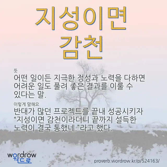 “지성이면 감천” 글씨와 뜻·예문이 완성된 속담 영상 포스터