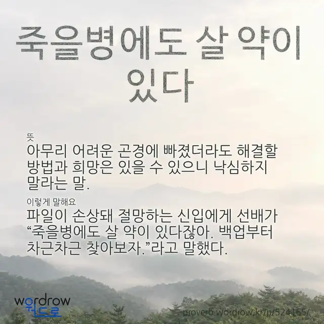 “죽을병에도 살 약이 있다” 글씨와 뜻·예문이 완성된 속담 영상 포스터