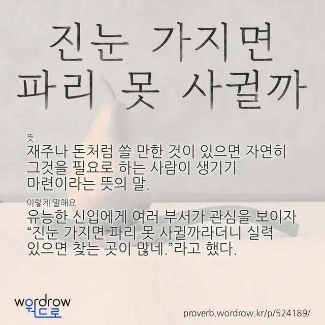 “진눈 가지면 파리 못 사귈까” 글씨와 뜻·예문이 완성된 속담 영상 포스터