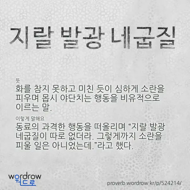 “지랄 발광 네굽질” 글씨와 뜻·예문이 완성된 속담 영상 포스터