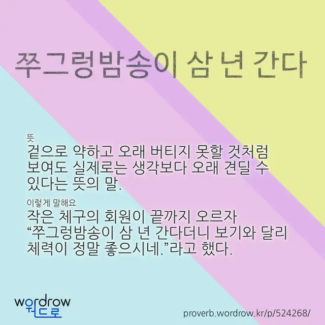 “쭈그렁밤송이 삼 년 간다” 글씨와 뜻·예문이 완성된 속담 영상 포스터