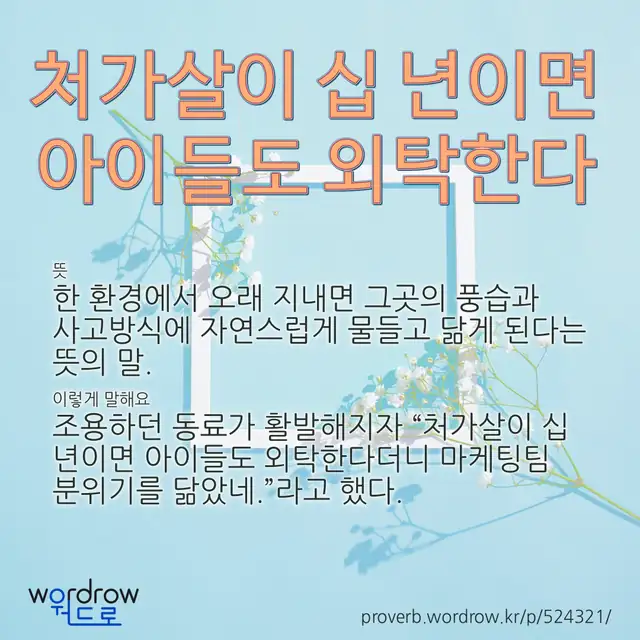 “처가살이 십 년이면 아이들도 외탁한다” 글씨와 뜻·예문이 완성된 속담 영상 포스터