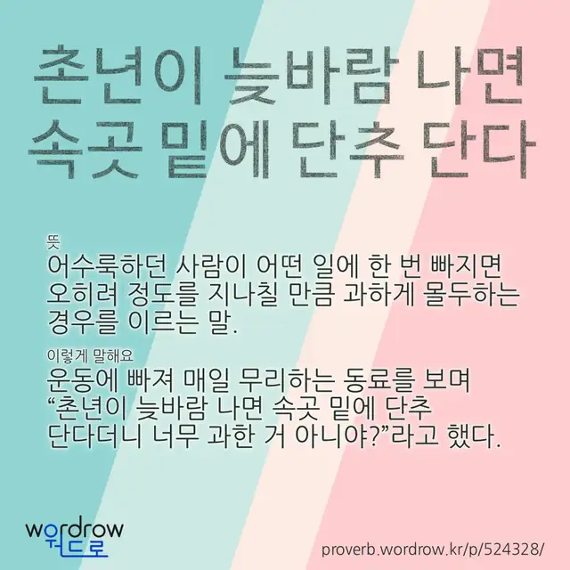 “촌년이 늦바람 나면 속곳 밑에 단추 단다” 글씨와 뜻·예문이 완성된 속담 영상 포스터