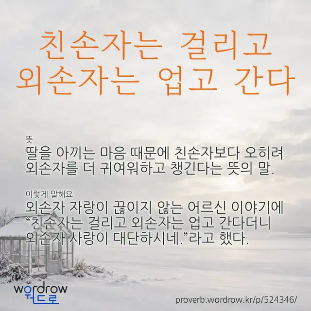 “친손자는 걸리고 외손자는 업고 간다” 글씨와 뜻·예문이 완성된 속담 영상 포스터