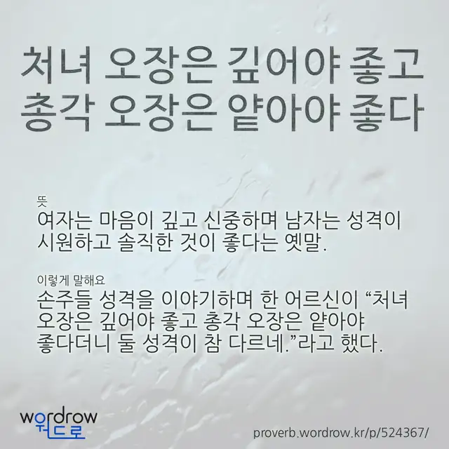 “처녀 오장은 깊어야 좋고 총각 오장은 얕아야 좋다” 글씨와 뜻·예문이 완성된 속담 영상 포스터