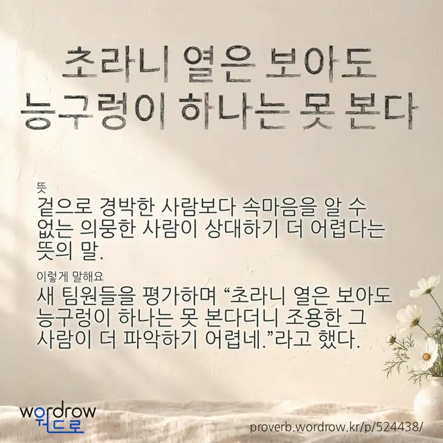 “초라니 열은 보아도 능구렁이 하나는 못 본다” 글씨와 뜻·예문이 완성된 속담 영상 포스터