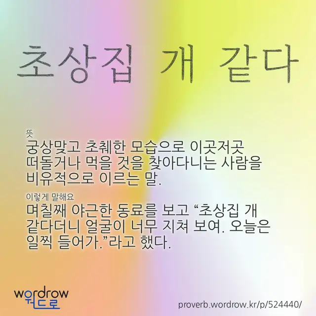 “초상집 개 같다” 글씨와 뜻·예문이 완성된 속담 영상 포스터