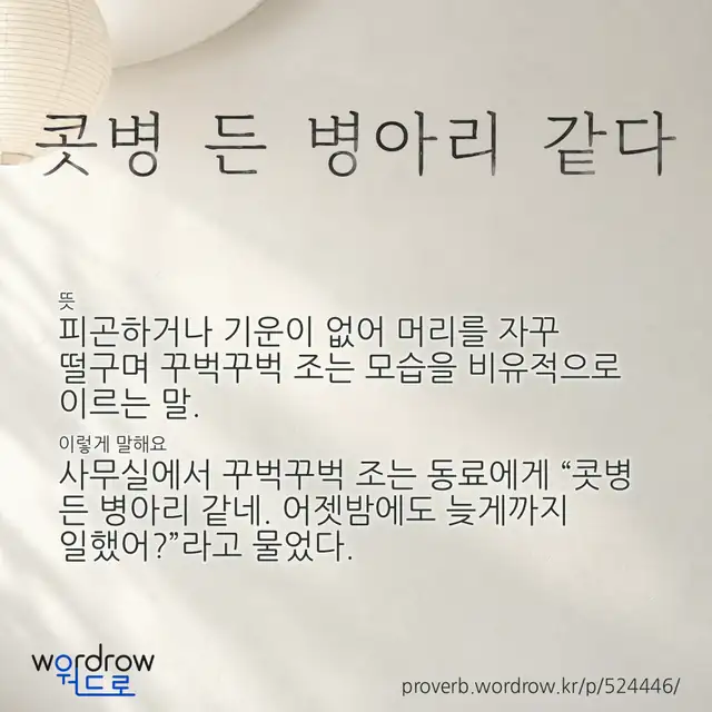 “콧병 든 병아리 같다” 글씨와 뜻·예문이 완성된 속담 영상 포스터