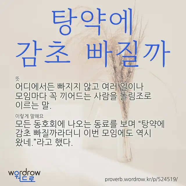 “탕약에 감초 빠질까” 글씨와 뜻·예문이 완성된 속담 영상 포스터