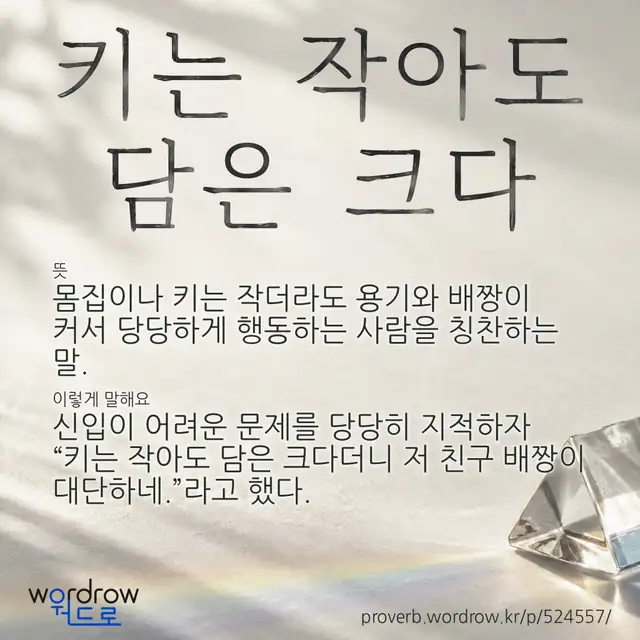 “키는 작아도 담은 크다” 글씨와 뜻·예문이 완성된 속담 영상 포스터