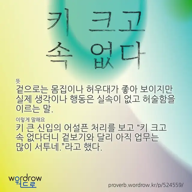 “키 크고 속 없다” 글씨와 뜻·예문이 완성된 속담 영상 포스터