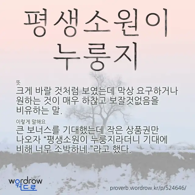 “평생소원이 누룽지” 글씨와 뜻·예문이 완성된 속담 영상 포스터