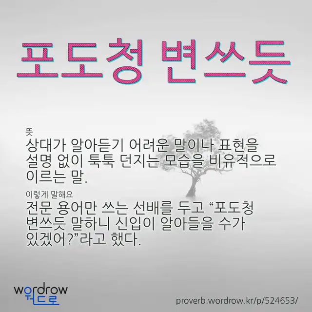 “포도청 변쓰듯” 글씨와 뜻·예문이 완성된 속담 영상 포스터
