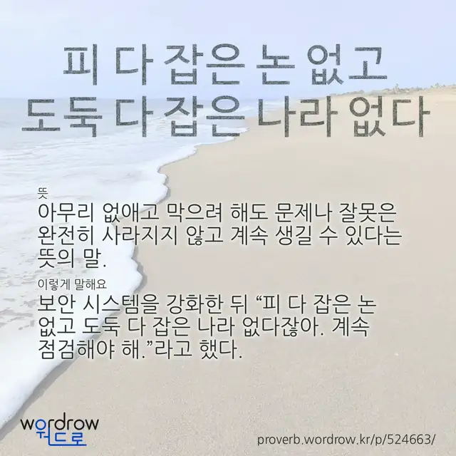 “피 다 잡은 논 없고 도둑 다 잡은 나라 없다” 글씨와 뜻·예문이 완성된 속담 영상 포스터
