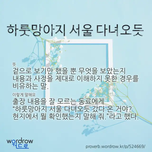 “하룻망아지 서울 다녀오듯” 글씨와 뜻·예문이 완성된 속담 영상 포스터
